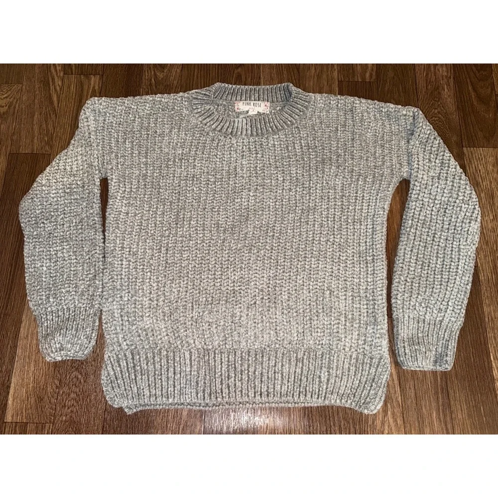 Pink Rose Girl Grey Chenille Lace Up Back Sweater‎ Size L 14 KF0S21208BV